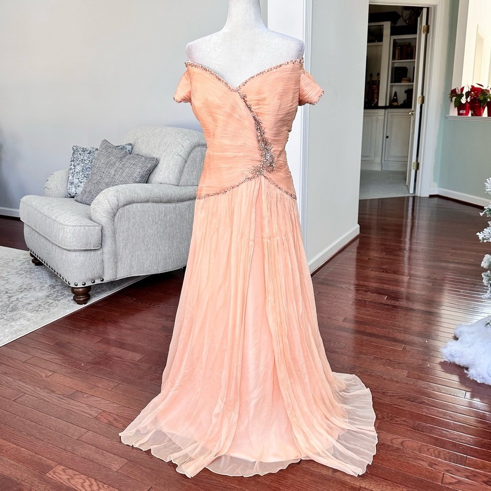 Montage by Mon Cheri Peach Off The Shoulder Embellished Beaded Gown Dress